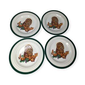 Centurion Collection Harvest Ceramic Round Turkey Plates Set of 4 w/ Green Trim